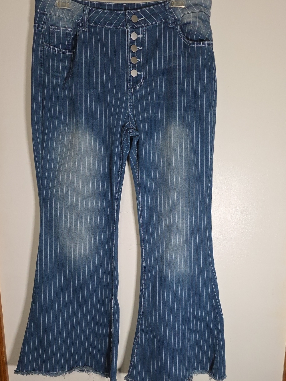 Blue Pinstripe Women's Flare Jeans 2XL Distressed Hem